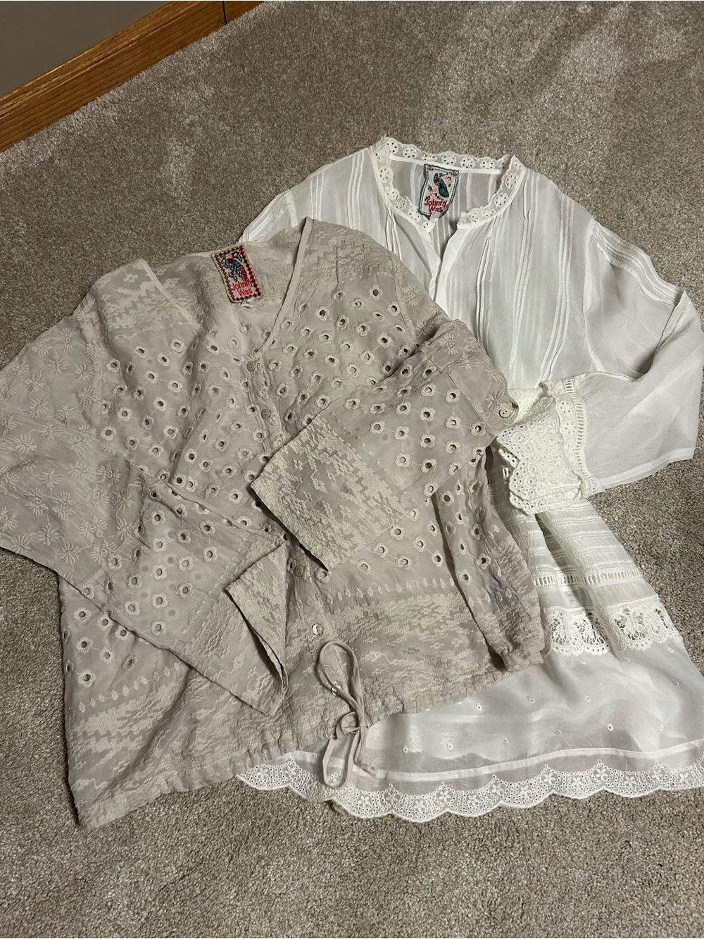 Two JOHNNY WAS Lace Button Up Blouses, Boho, Vintage, Size Medium, Like New